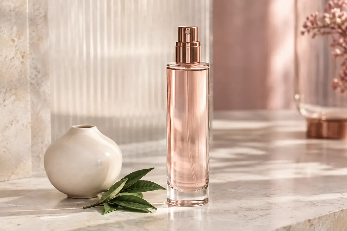 Flacon vaporisateur d’eau de toilette posé sur une pierre claire, près de feuilles de thé et d’agrumes.