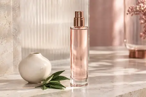 Flacon vaporisateur d’eau de toilette posé sur une pierre claire, près de feuilles de thé et d’agrumes.
