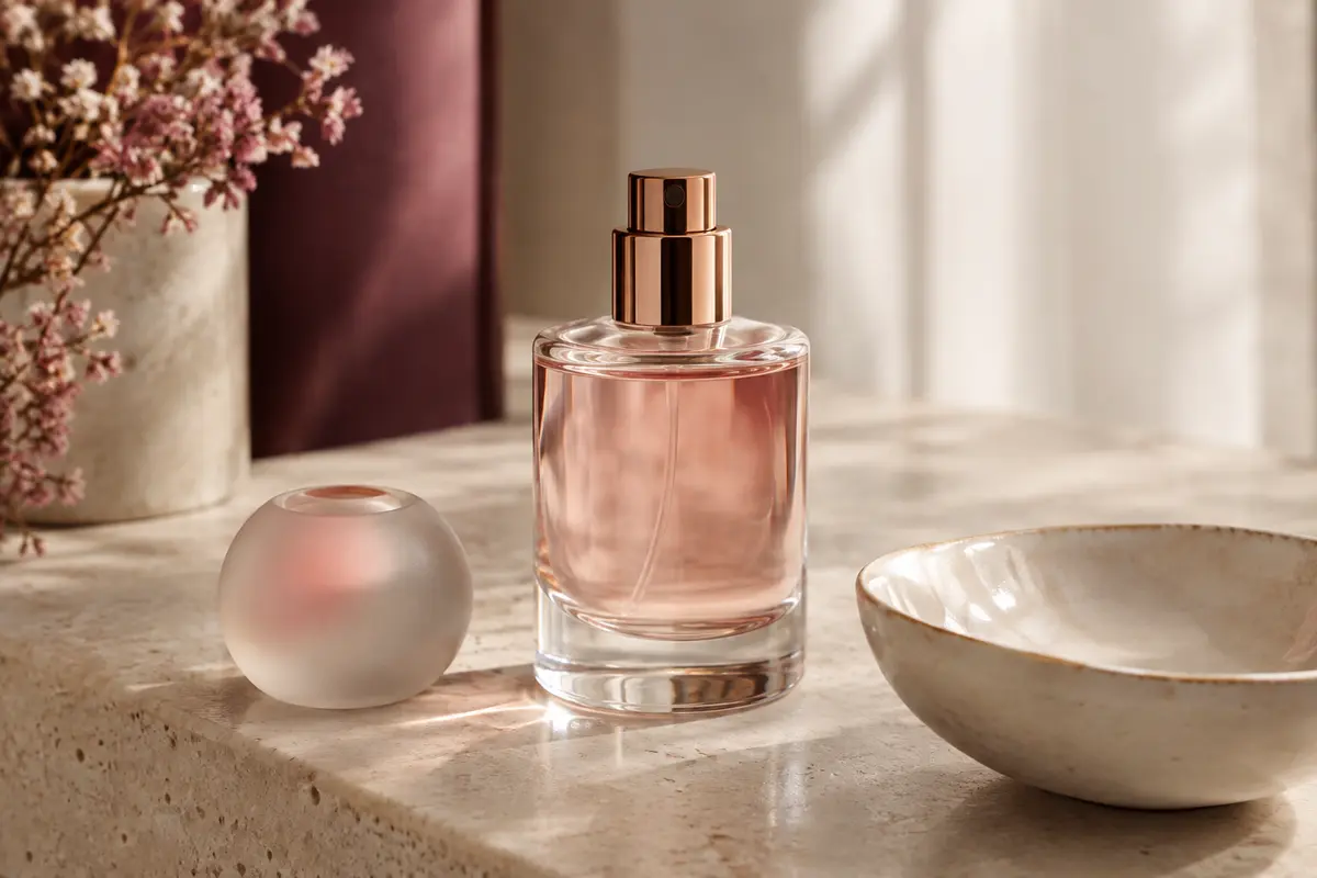 Flacon vaporisateur d’eau de toilette présenté sur une pierre claire avec du verre dépoli et de la céramique ivoire.