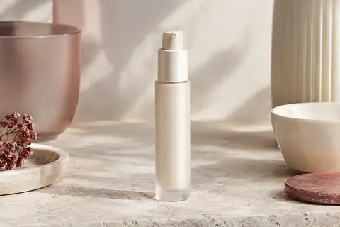 Petit contenant de crème visage posé sur une pierre claire près d’une coupelle ivoire et de verre dépoli.