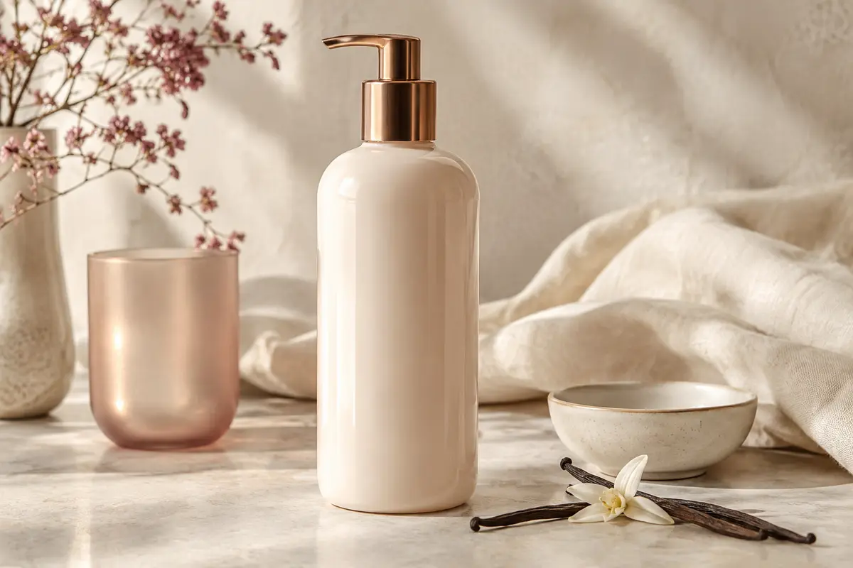 Flacon de lotion corps Vanilla Cashmere posé sur une surface claire avec des notes de vanille