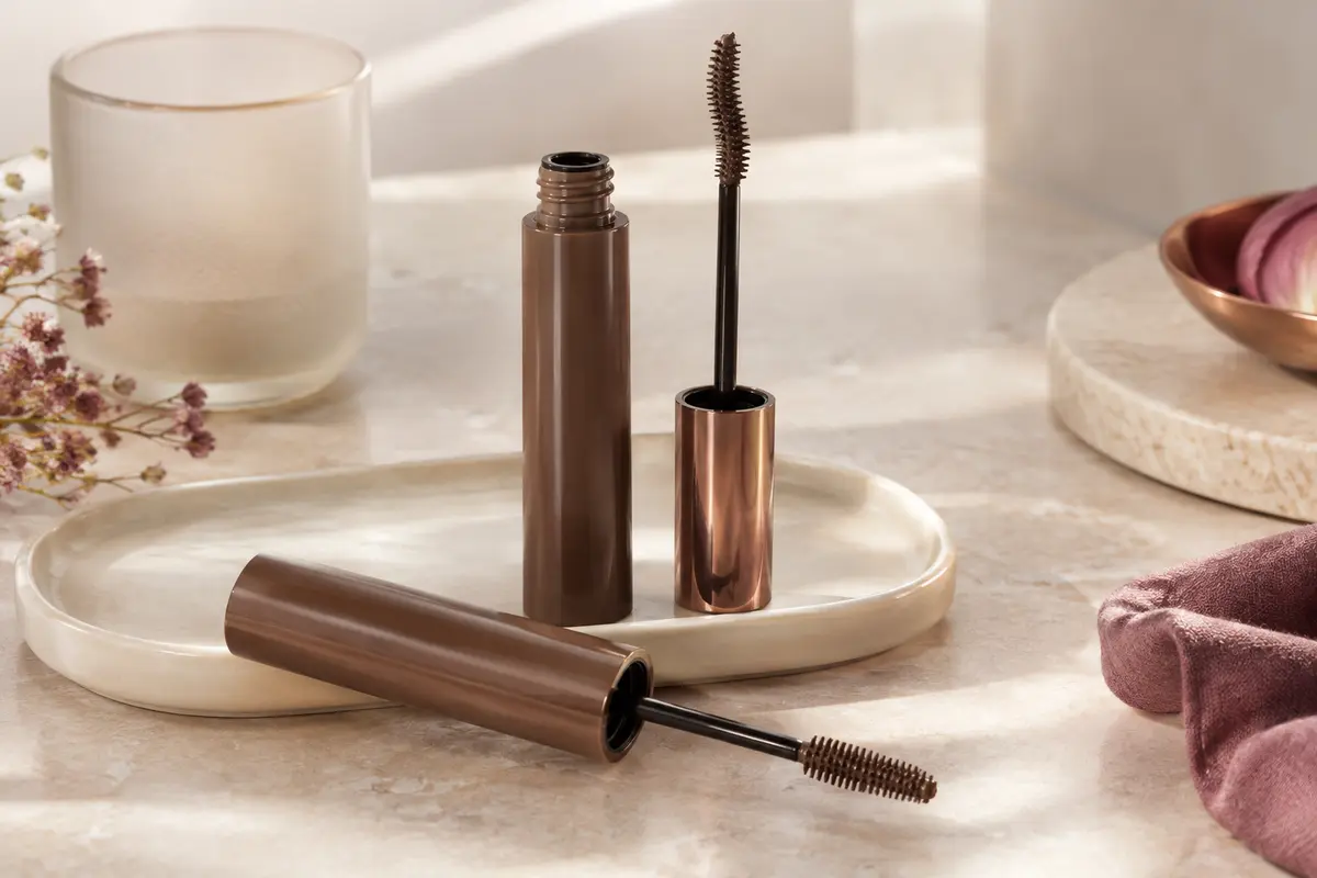 Mascara brun en tube accompagné de sa brosse flexible, posé sur une pierre claire dans un décor raffiné.