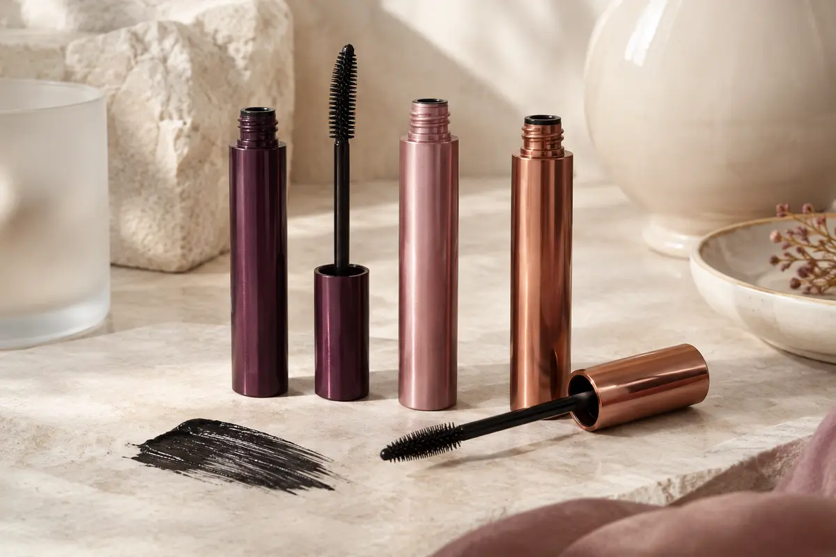 Trois tubes de mascara et une brosse applicatrice posés sur une pierre claire