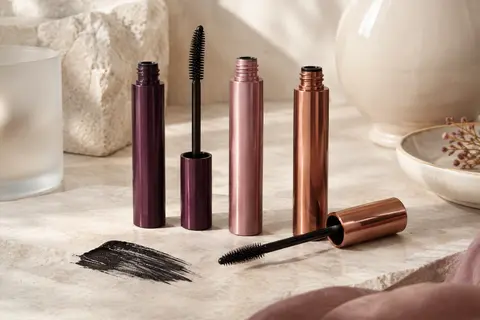 Trois tubes de mascara et une brosse applicatrice posés sur une pierre claire