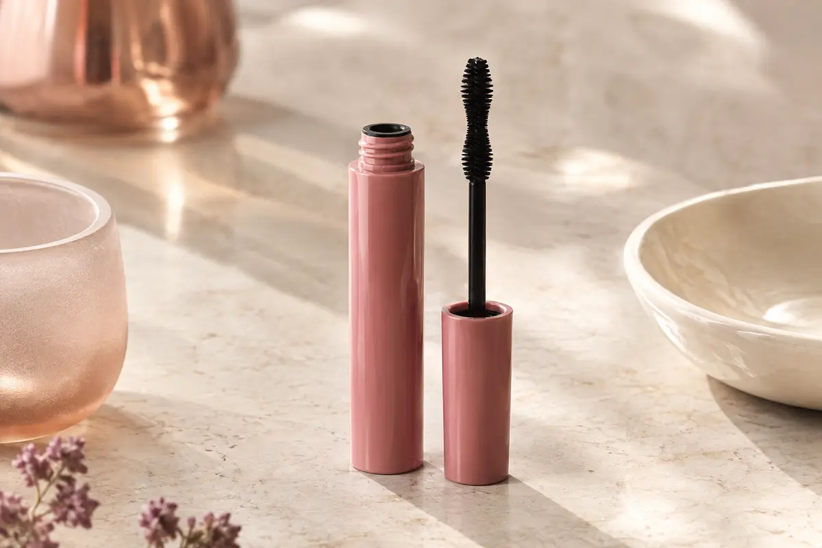 Mascara noir dans un tube rose uni, avec sa brosse en fibres profilée posée sur une pierre claire.