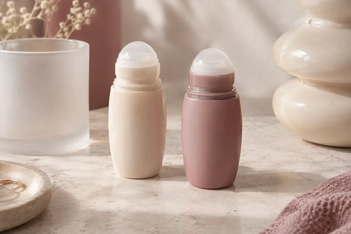 Deux flacons roll-on anti-transpirants posés sur une pierre claire dans un décor de beauté épuré.