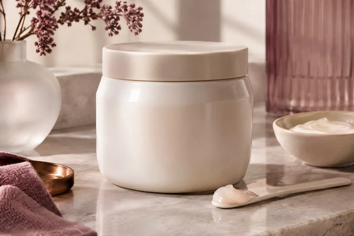 Grand pot neutre de masque capillaire posé sur une pierre claire dans un décor de beauté épuré.
