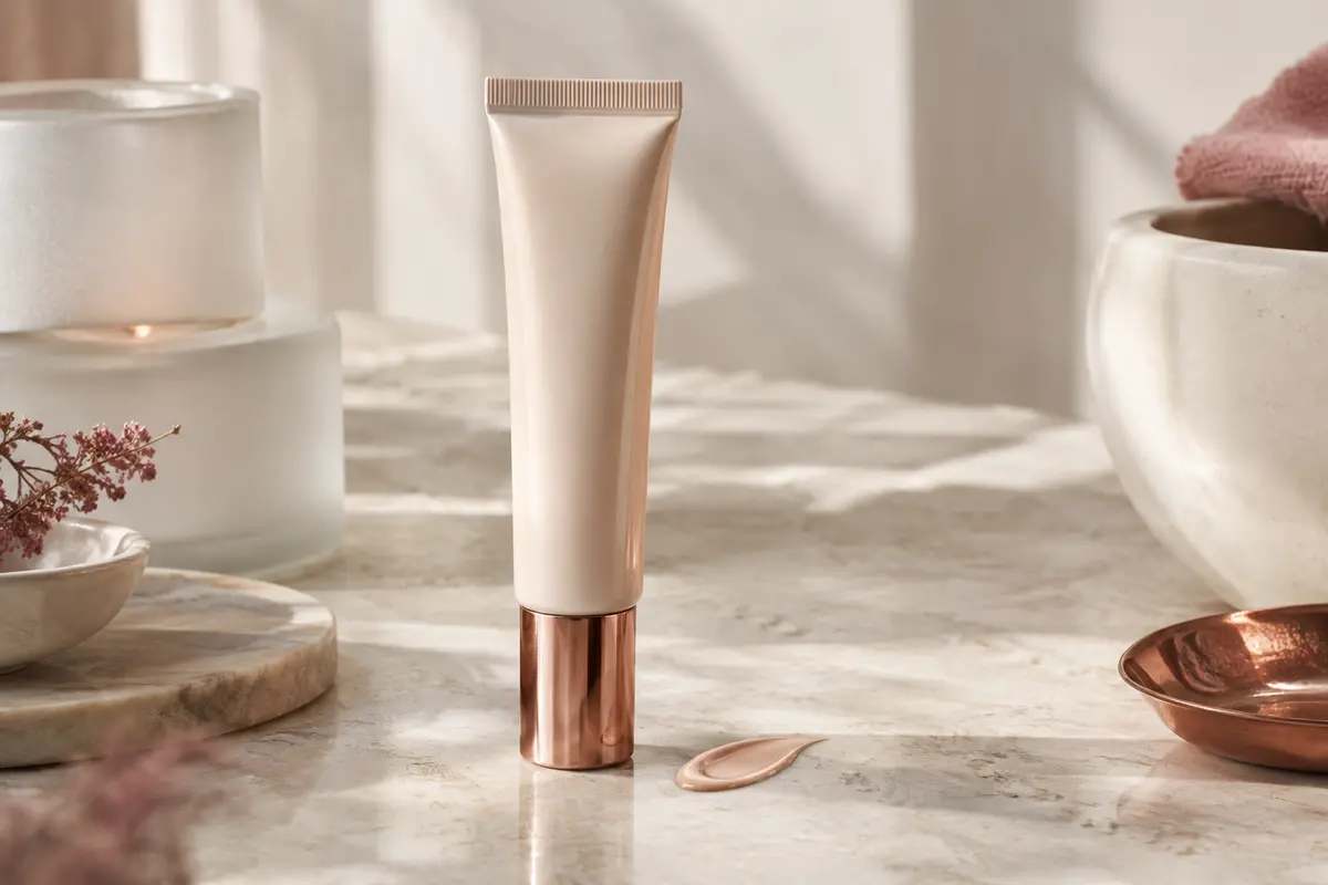 Tube de fluide solaire visage teinté posé sur une pierre claire près d’une touche de texture lumineuse.