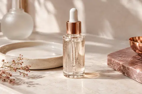 Flacon de sérum hydratant à l’acide hyaluronique posé sur une pierre claire près d’un verre dépoli.