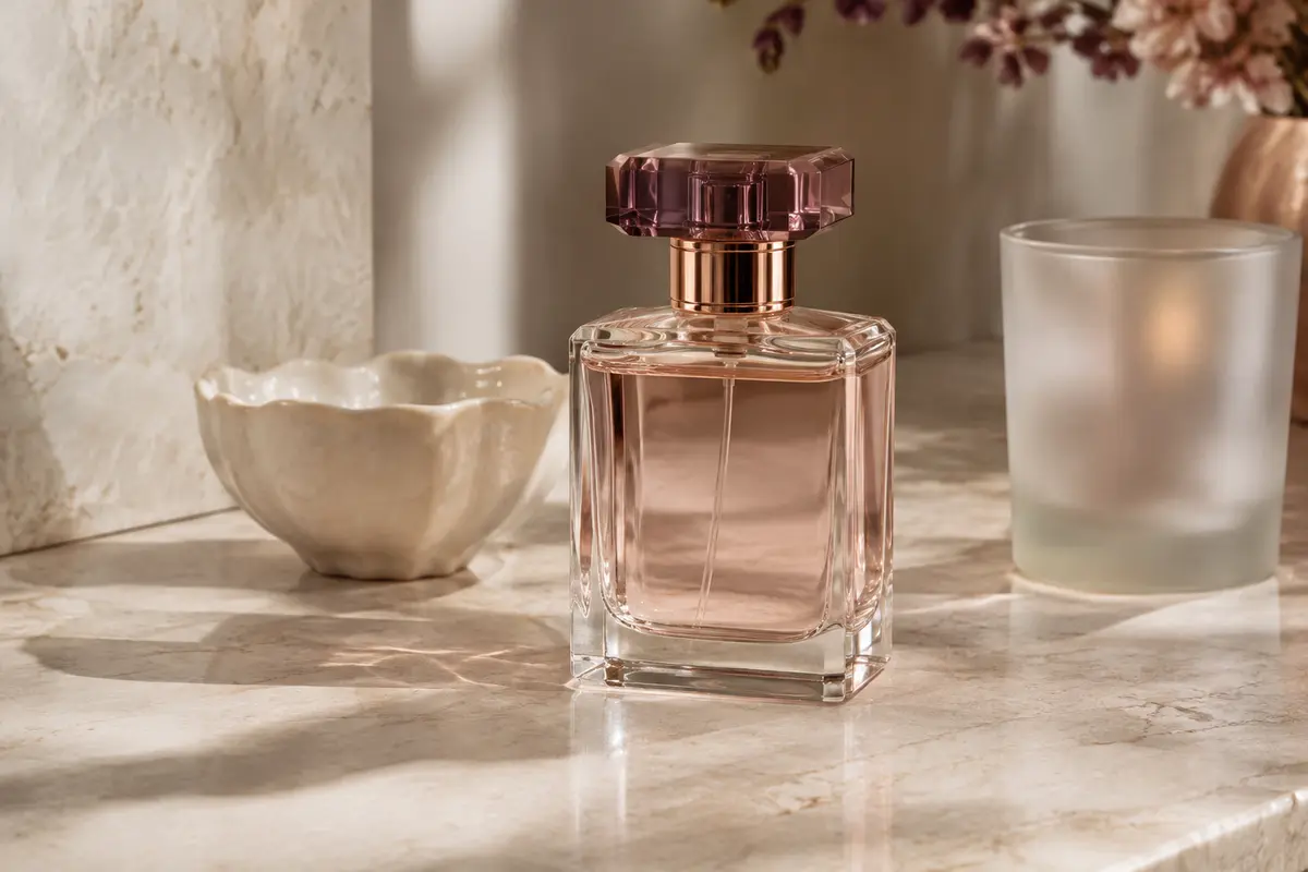 Flacon transparent de l’eau de toilette Guess Seductive posé sur une surface claire dans un décor raffiné.
