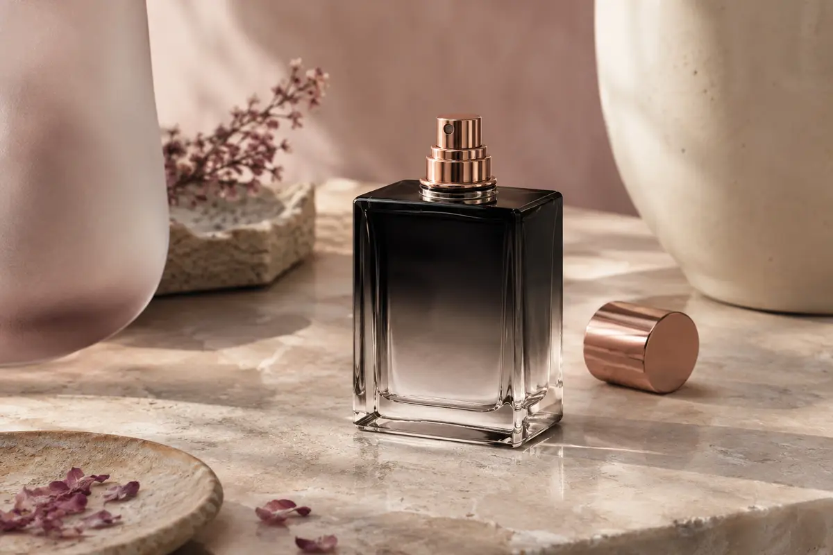 Flacon carré en verre noir et blanc d’une eau de toilette, posé sur une pierre claire dans une lumière douce.