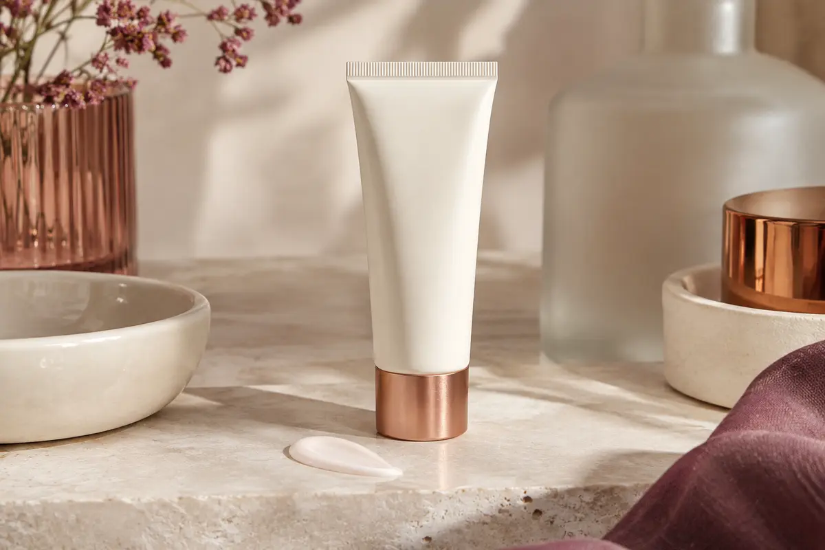 Lotion solaire visage Hawaiian Tropic SPF 30 présentée sur une pierre claire près d’une céramique ivoire.