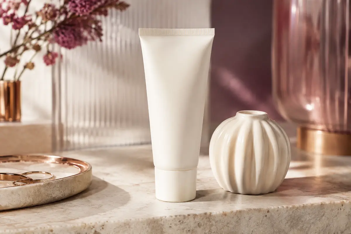 Tube de crème visage Illiyoon posé sur une pierre claire, près d’un flacon en verre dépoli et d’une céramique ivoire.