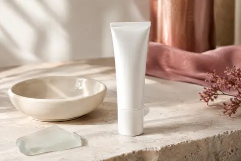 Flacon blanc de protection solaire visage posé sur une pierre claire près d’un verre dépoli.