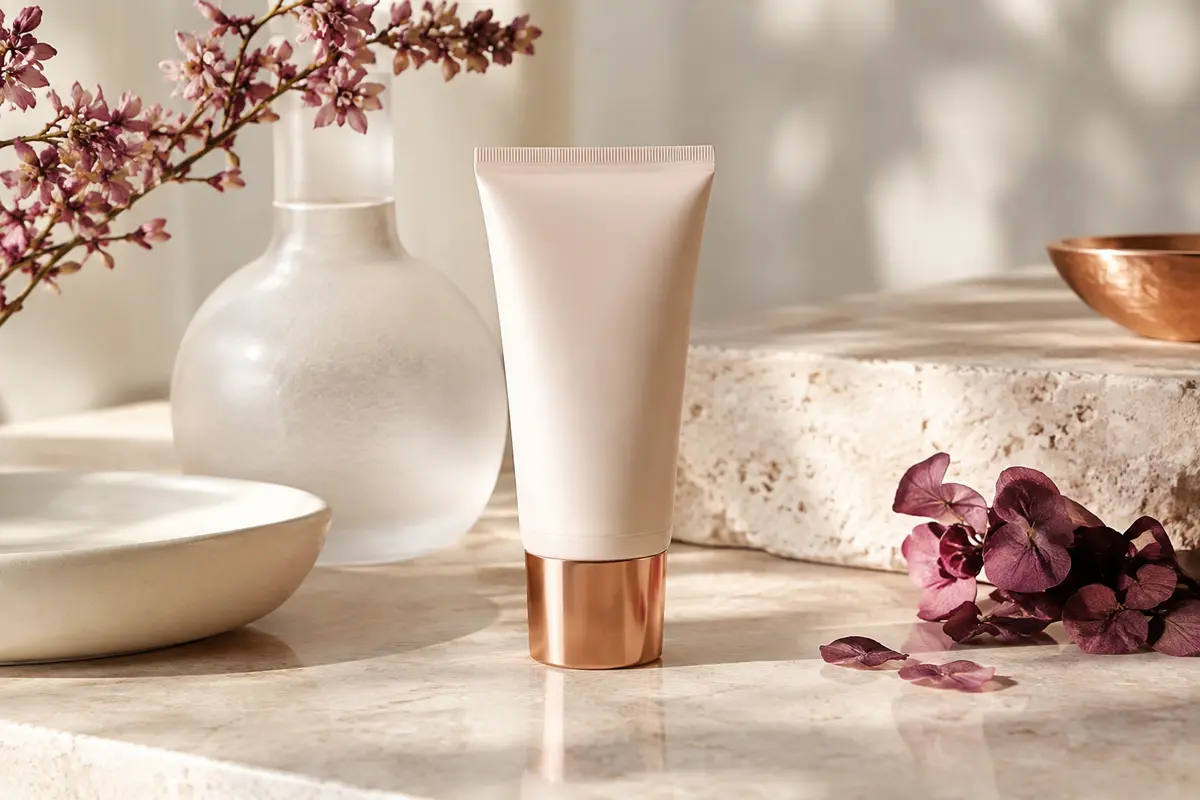 Produit solaire visage SPF 50 présenté sur une pierre claire avec du verre dépoli et une céramique ivoire