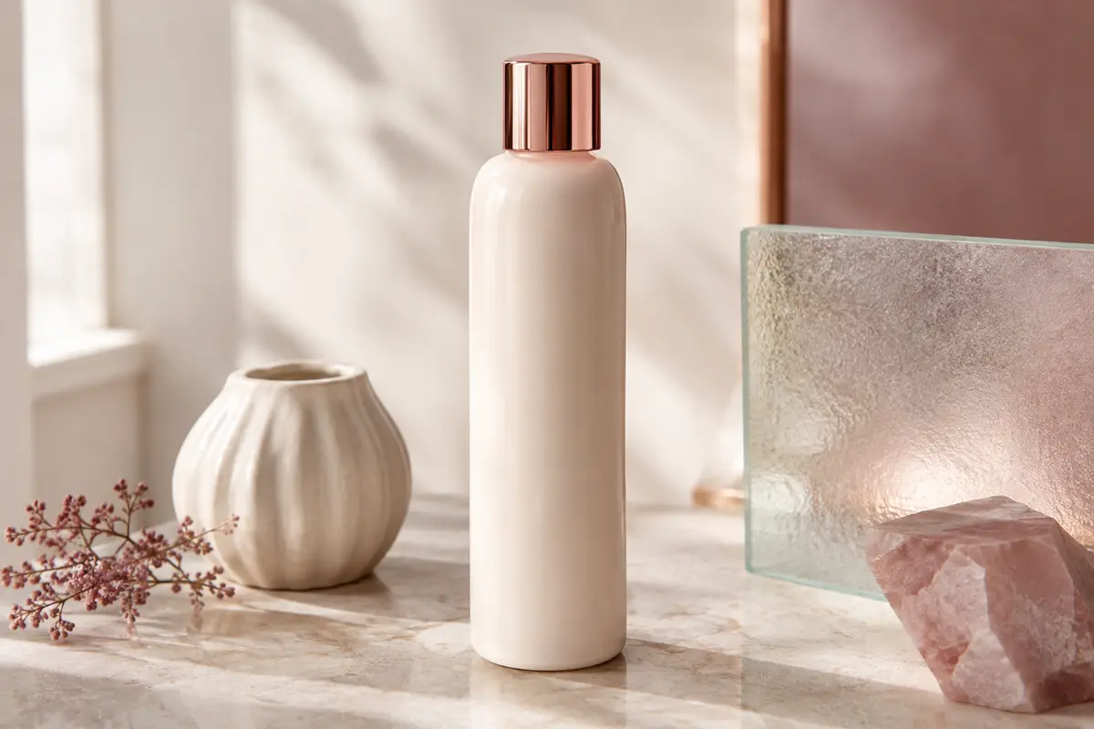 Flacon d’après-shampoing Kérastase Blond Absolu Cicaflash posé sur une surface en pierre claire