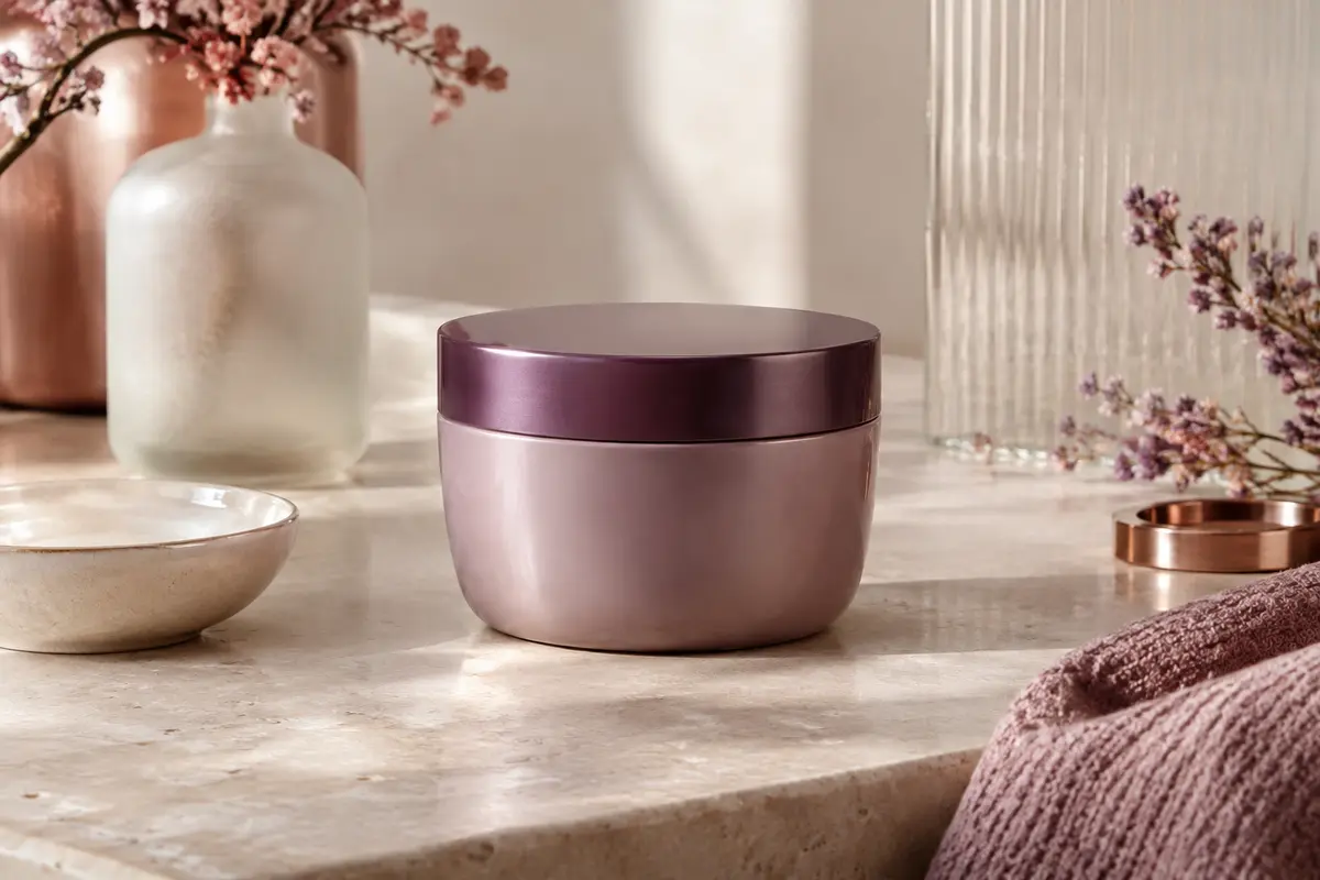 Masque capillaire présenté sur une surface en pierre claire avec une coupelle en céramique ivoire