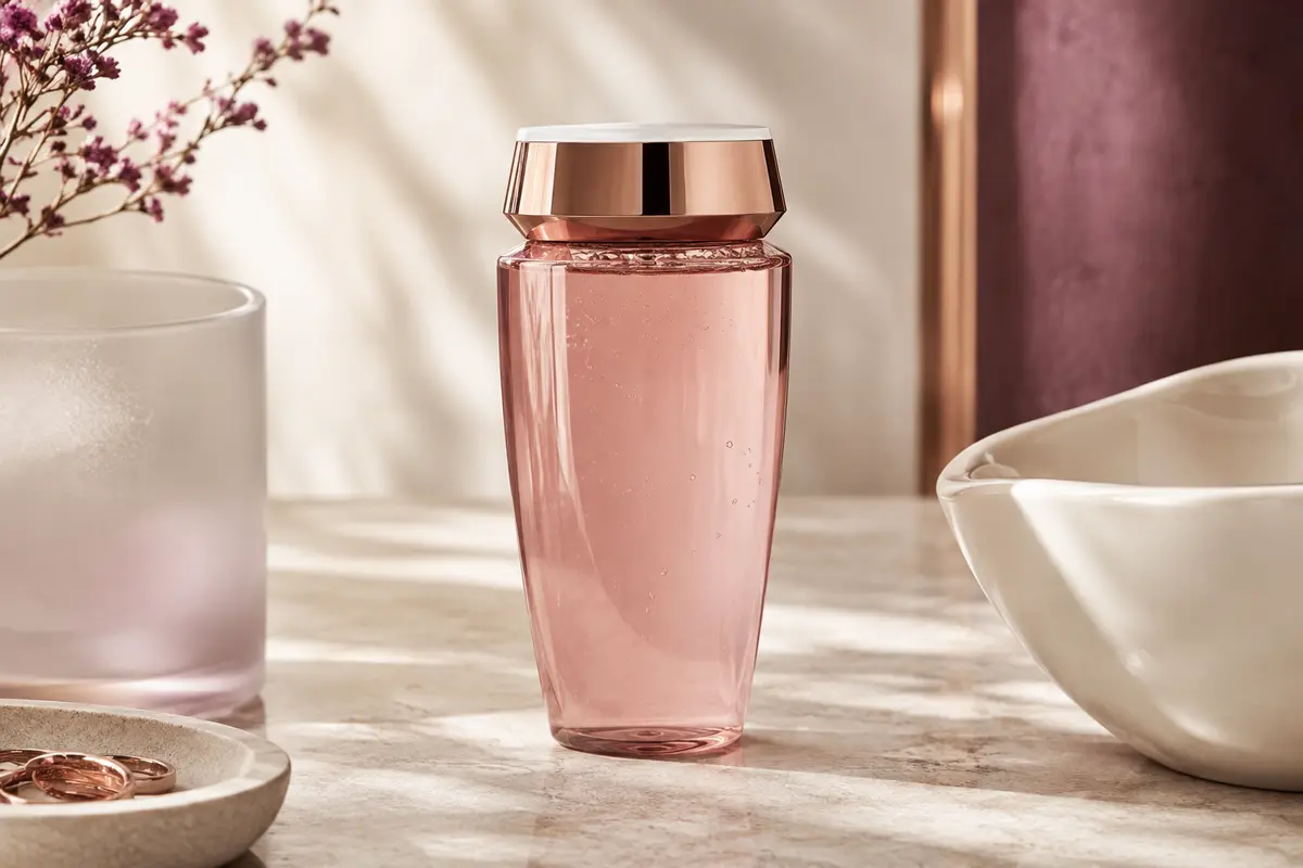 Flacon de shampooing liquide Genesis posé sur une pierre claire près d’un verre dépoli et d’une coupelle ivoire.