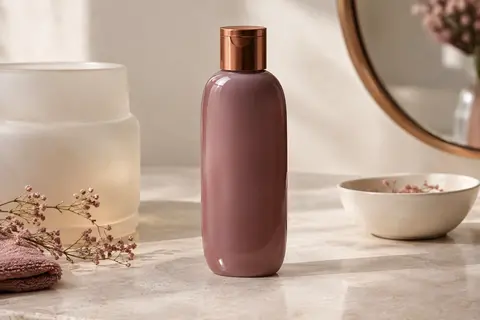 Flacon gris de shampoing hydratant pour cheveux blonds posé sur une surface en pierre claire