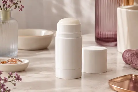 Déodorant en bâton Cèdre Encens présenté sur une surface en pierre claire près d’un détail en verre dépoli.