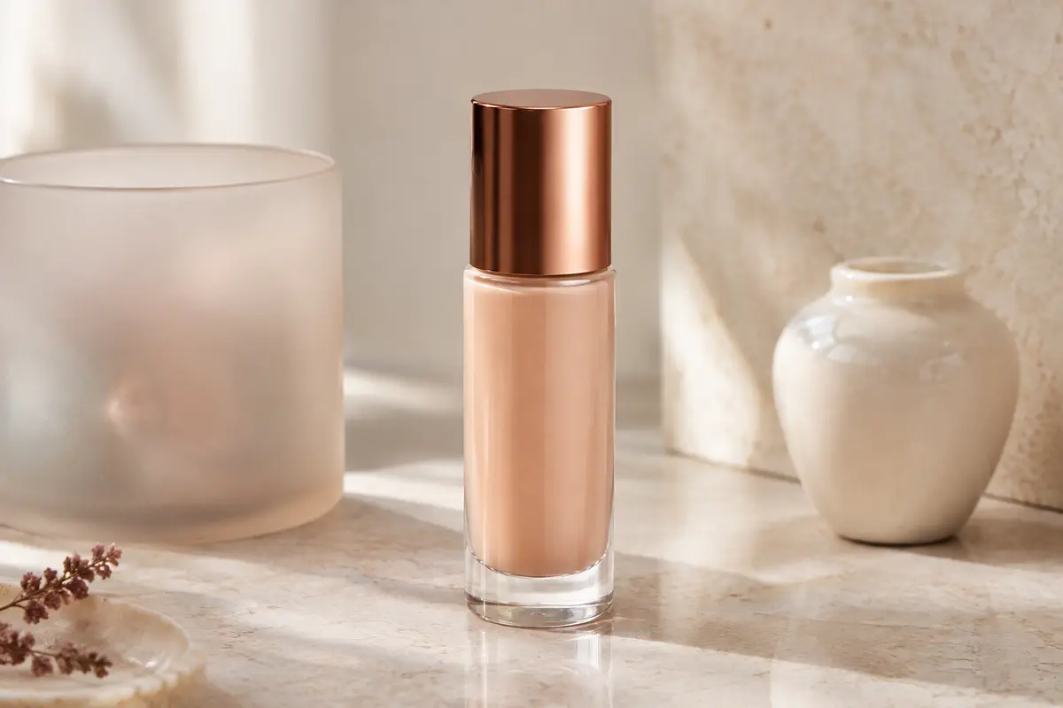 Flacon de fond de teint fluide beige rosé posé sur une surface claire dans un décor beauté épuré.