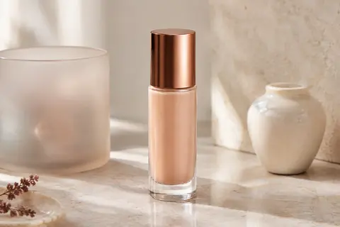 Flacon de fond de teint fluide beige rosé posé sur une surface claire dans un décor beauté épuré.