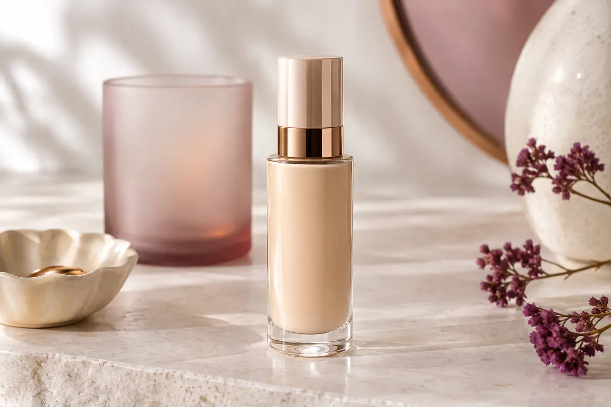 Flacon de fond de teint fluide posé sur une pierre claire, accompagné d’une touche de produit beige clair.