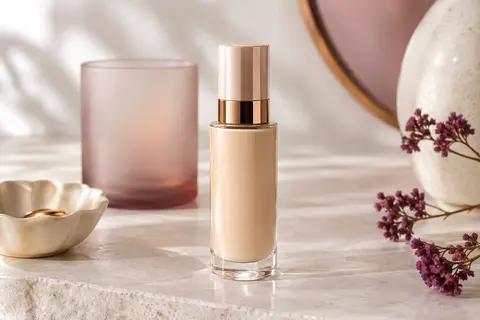 Flacon de fond de teint fluide posé sur une pierre claire, accompagné d’une touche de produit beige clair.
