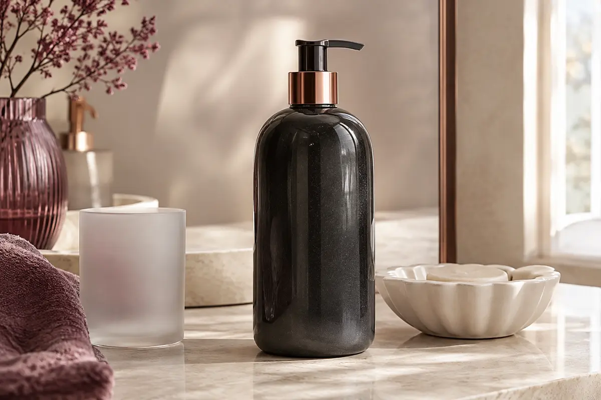 Grand flacon de gel douche et shampooing Pure Carbon posé sur une pierre claire dans un décor de salle de bains.