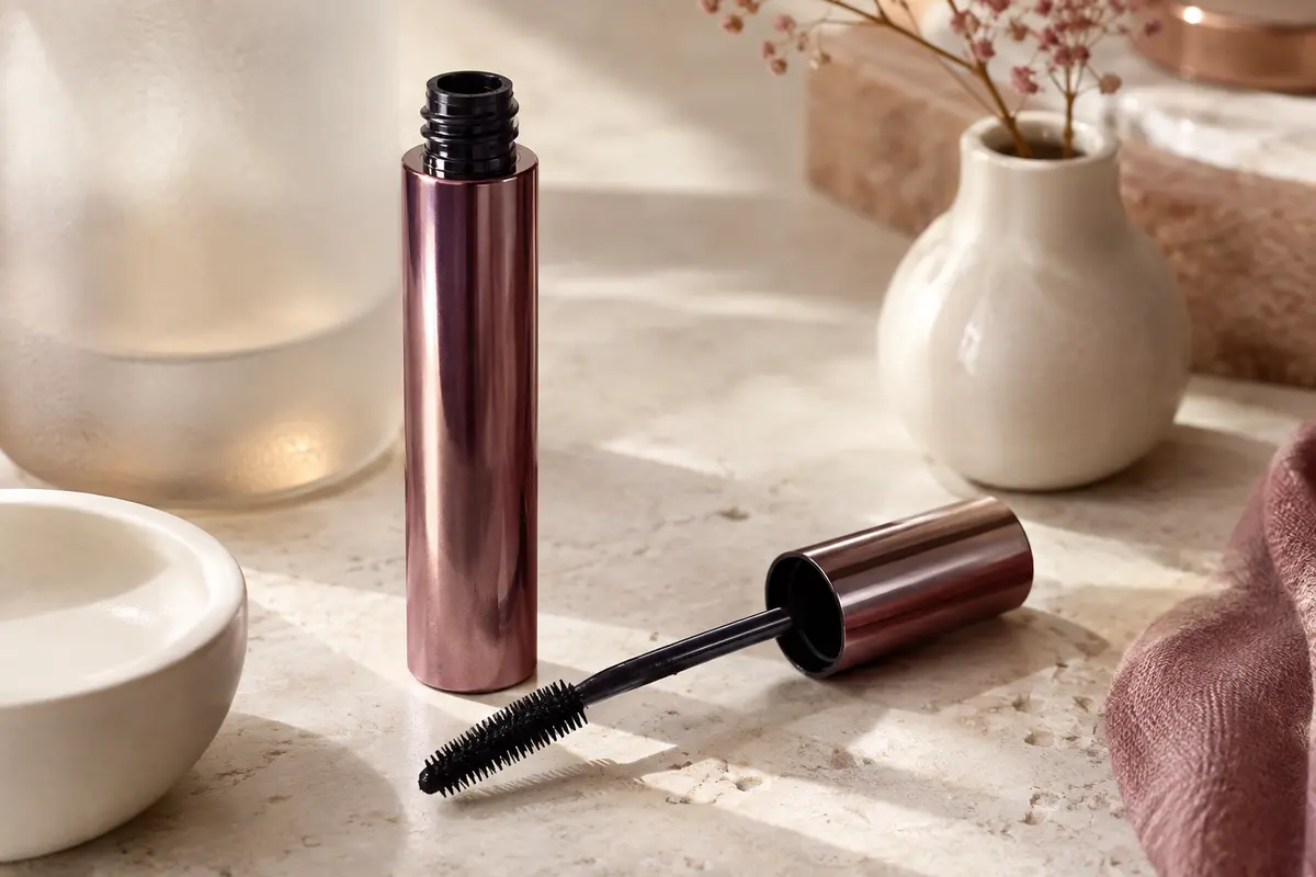 Mascara allongeant en tube avec sa brosse multi-peigne posé sur une surface de pierre claire.