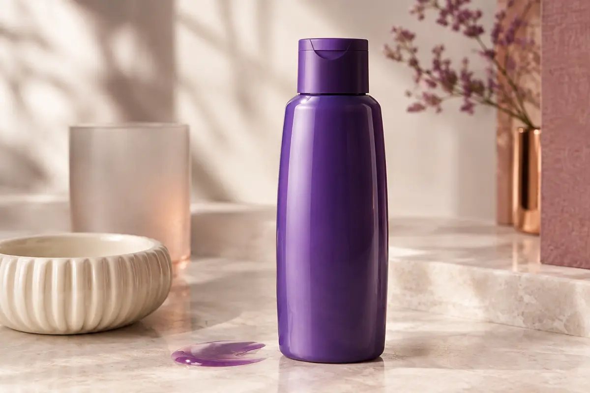 Flacon blanc de shampoing violet déjaunisseur posé sur une surface en pierre claire