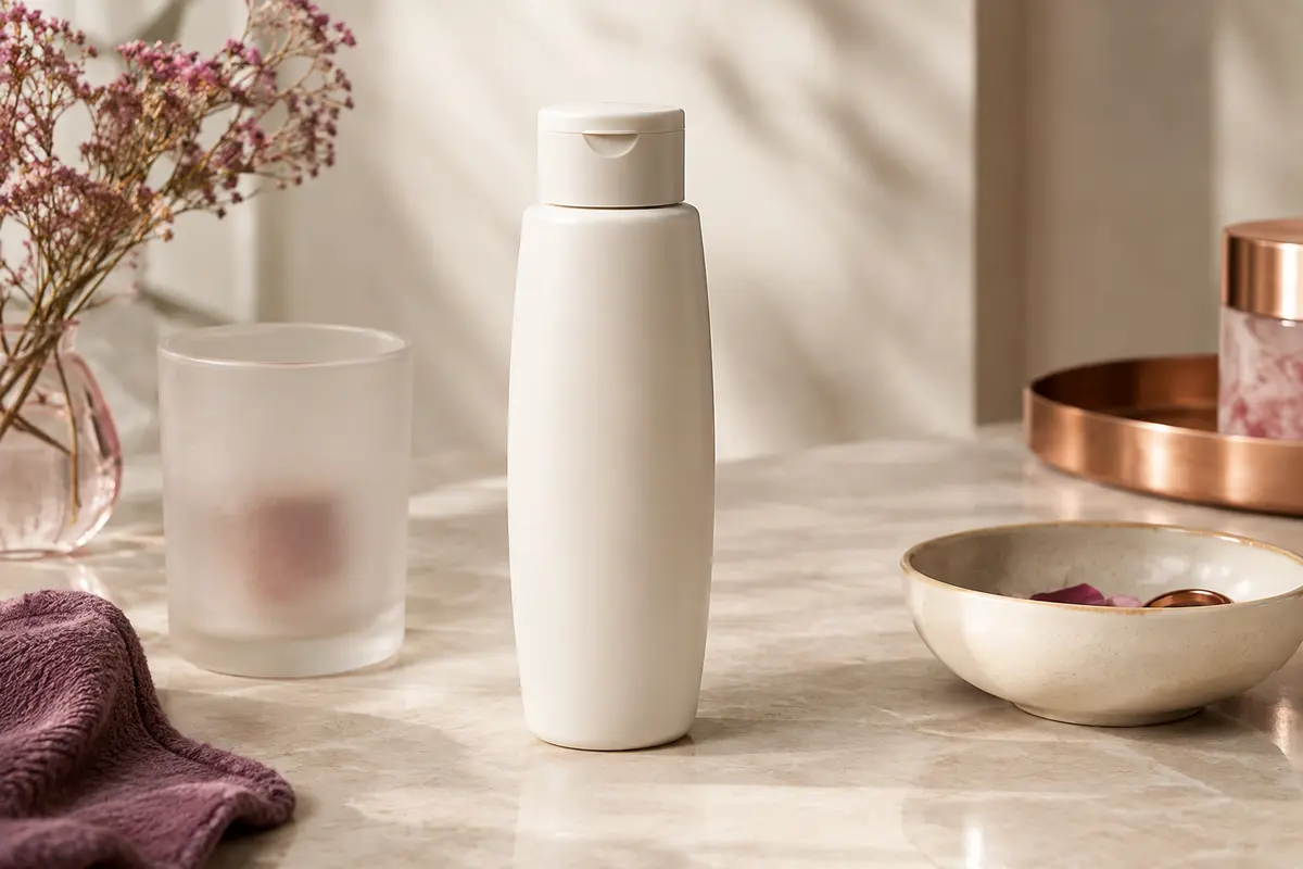 Flacon de shampoing professionnel présenté sur une pierre claire dans un décor de beauté épuré