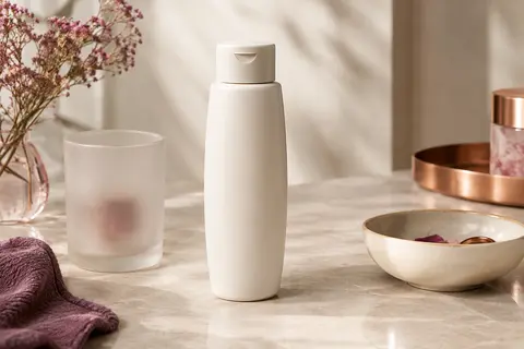 Flacon de shampoing professionnel présenté sur une pierre claire dans un décor de beauté épuré
