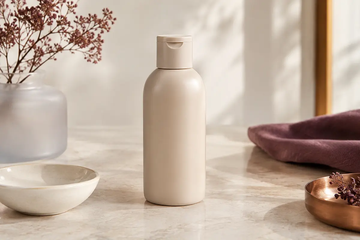 Flacon de shampooing Metal Detox posé sur une pierre claire, avec du verre dépoli et de la céramique ivoire
