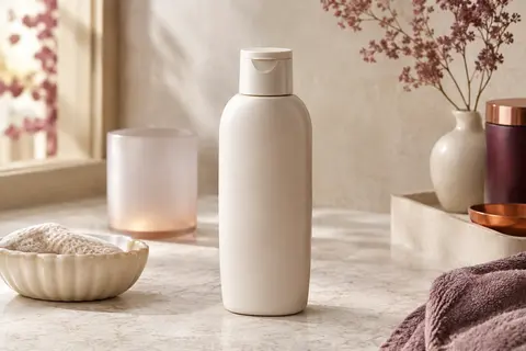 Flacon de shampooing pour cheveux colorés posé sur une pierre claire près d’un verre dépoli et d’une céramique ivoire.