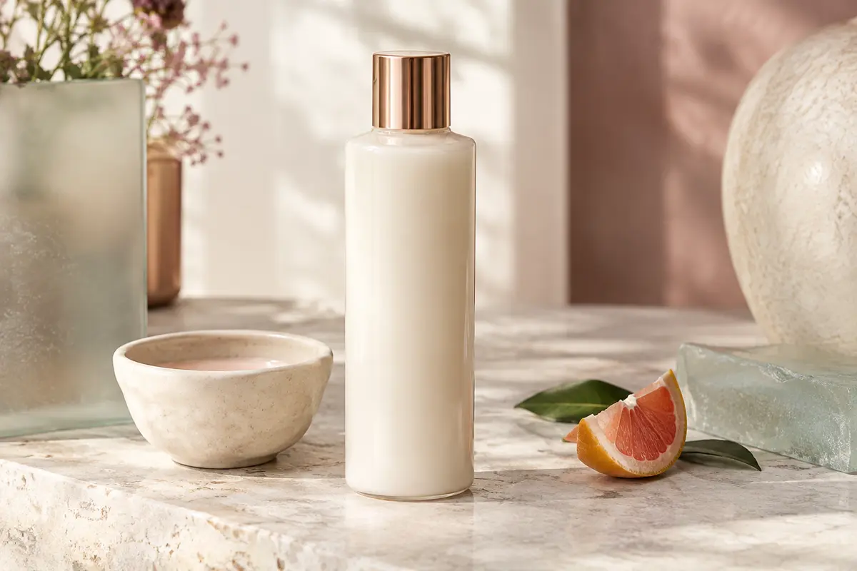 Flacon élancé de lait corporel posé sur une pierre claire avec des accessoires de soin ivoire