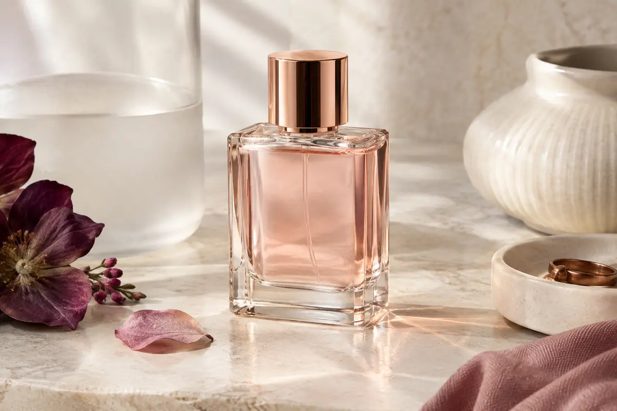 Flacon vaporisateur d’eau de parfum Lattafa Angham mis en scène sur une surface claire