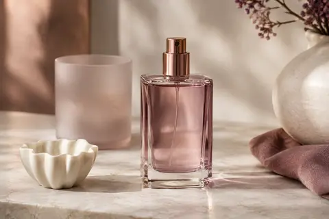 Flacon vaporisateur de l’eau de parfum Lattafa Khamrah posé sur une surface en pierre claire