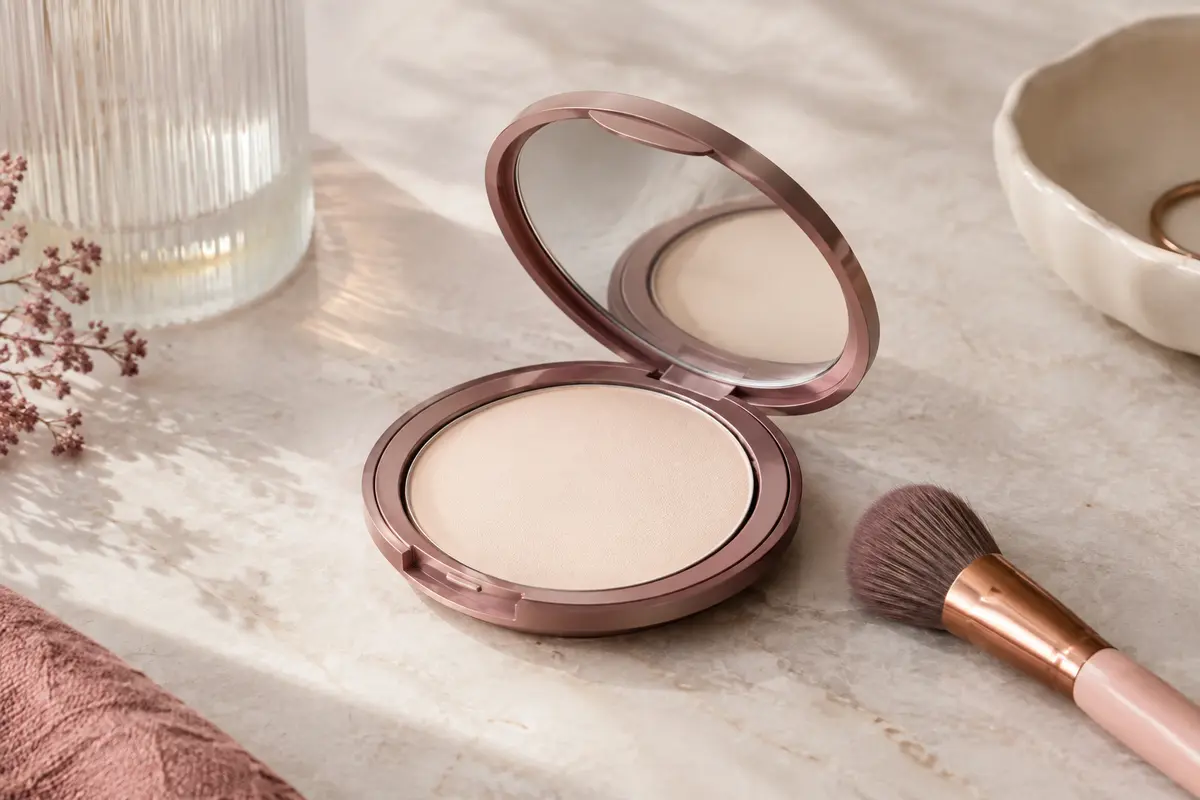 Poudre compacte cuite beige clair présentée dans un boîtier ouvert sur une pierre claire