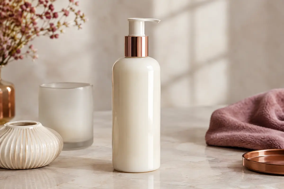 Flacon élancé de lait corps présenté sur une pierre claire avec une touche de crème et de céramique ivoire