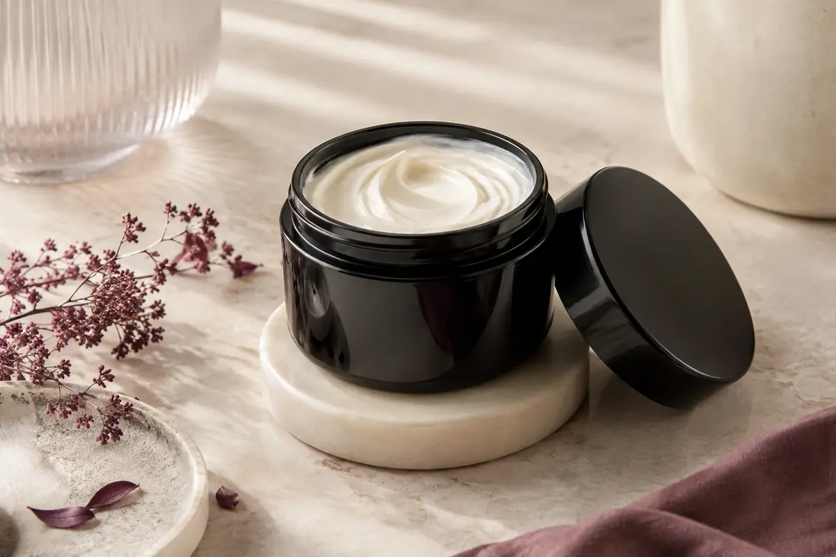 Pot sombre ouvert de masque capillaire crémeux présenté sur une surface claire avec une coupelle ivoire