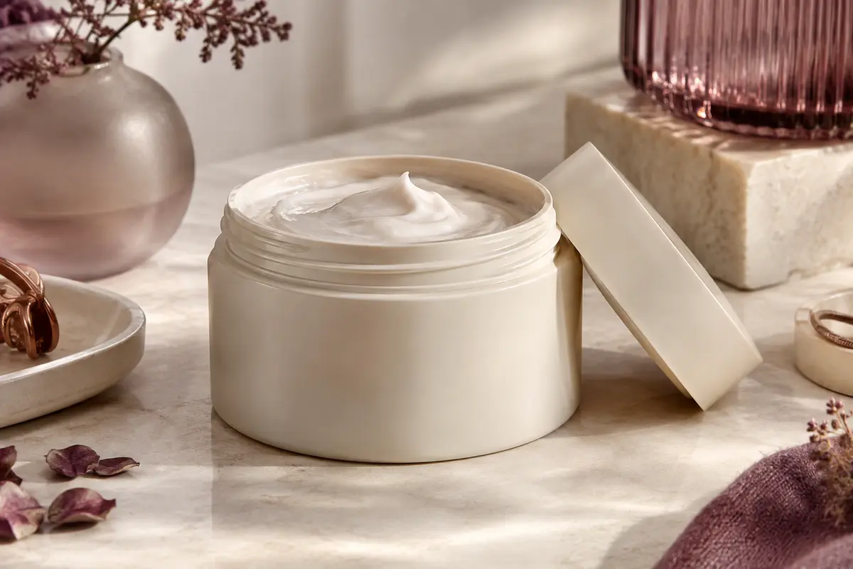 Pot ouvert de masque capillaire à la crème multicolore posé sur une pierre claire près d’un verre dépoli.