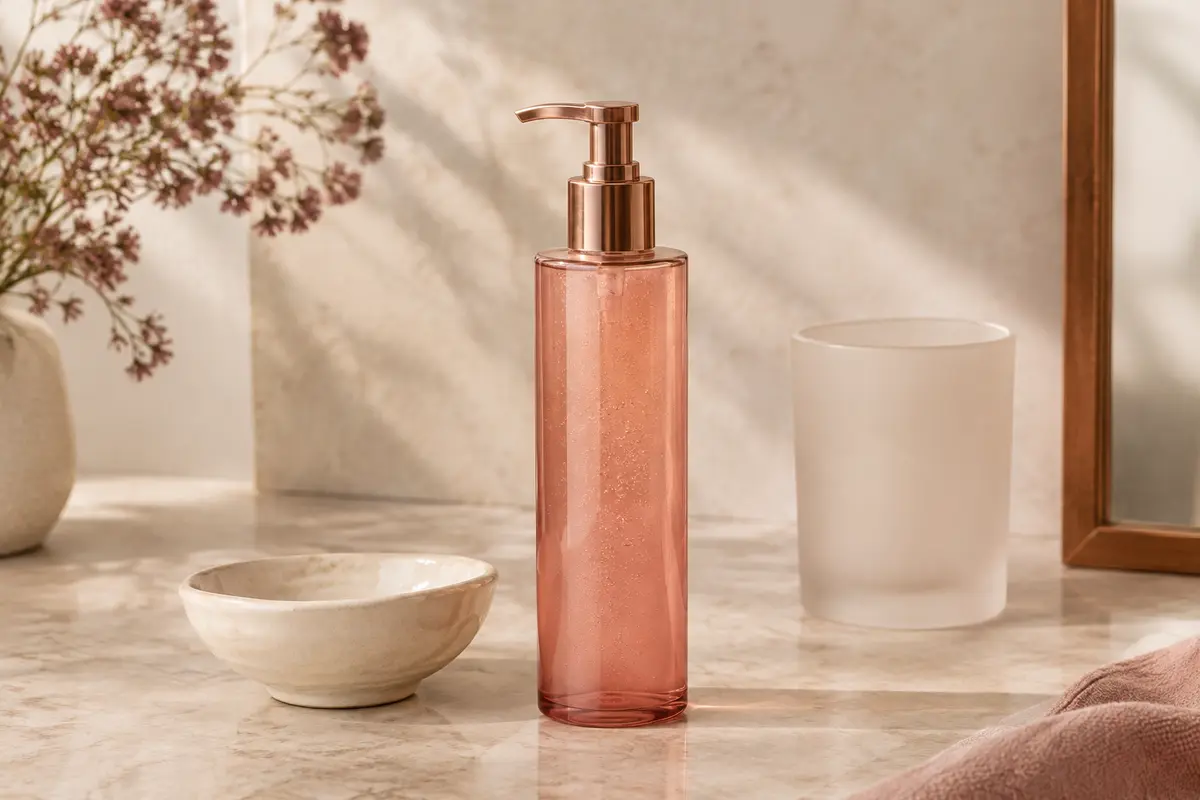 Flacon de gel nettoyant 3-en-1 posé sur une pierre claire avec des accessoires en céramique et verre dépoli.