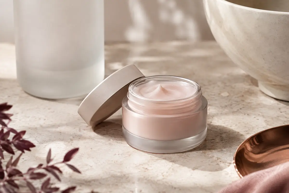 Soin visage Hydra Energetic en gel-crème posé sur une pierre claire près d’une céramique ivoire