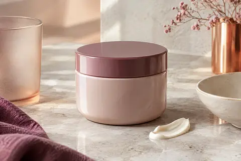 Pot compact de masque capillaire présenté sur une pierre claire avec des accessoires de soin en céramique et verre.