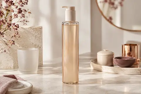 Flacon de gel lavant corps et cheveux sur une surface en pierre claire, dans un décor de salle de bain doux