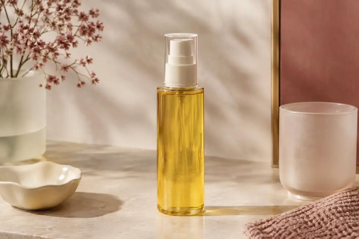 Flacon jaune d’huile nettoyante visage posé sur une pierre claire, avec un verre dépoli et une céramique ivoire.