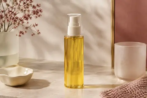 Flacon jaune d’huile nettoyante visage posé sur une pierre claire, avec un verre dépoli et une céramique ivoire.