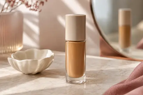 Flacon de fond de teint fluide beige doré posé sur une pierre claire dans un décor de beauté épuré.