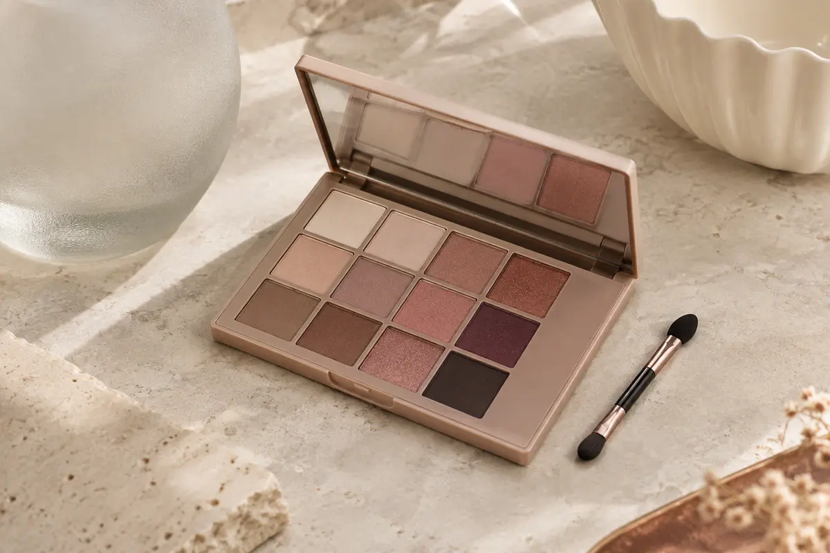 Palette ouverte de douze fards nude, du beige clair au brun et au noir, avec applicateur à double embout